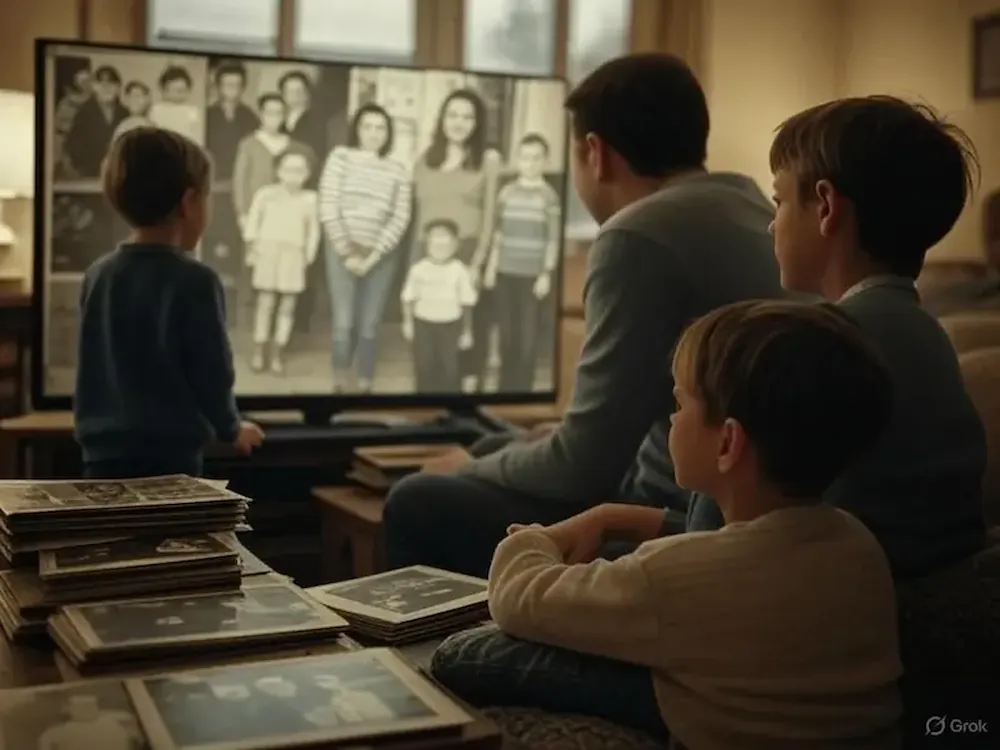 Family viewing restored and digitized photos together with joy.