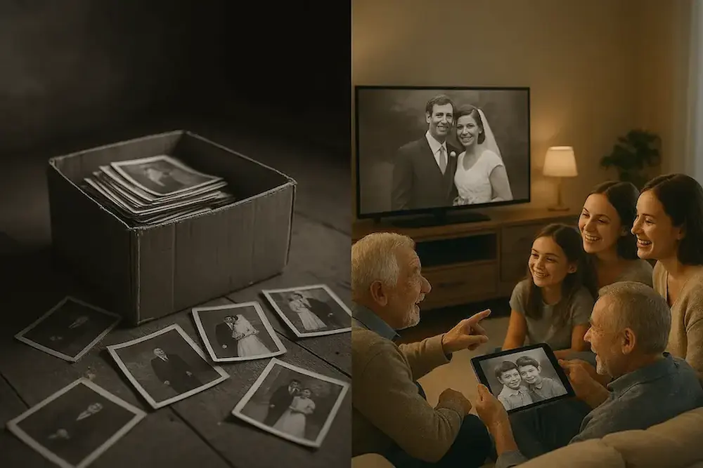 Family happily looking at digitized photos on a large screen, showcasing the joy of preserved memories.